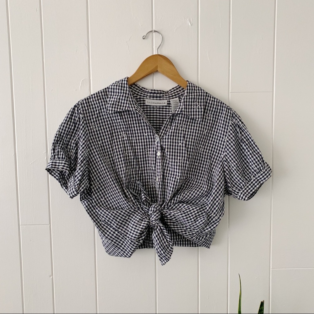 Gingham Star Embroidered Puff Sleeve Tie Up Top